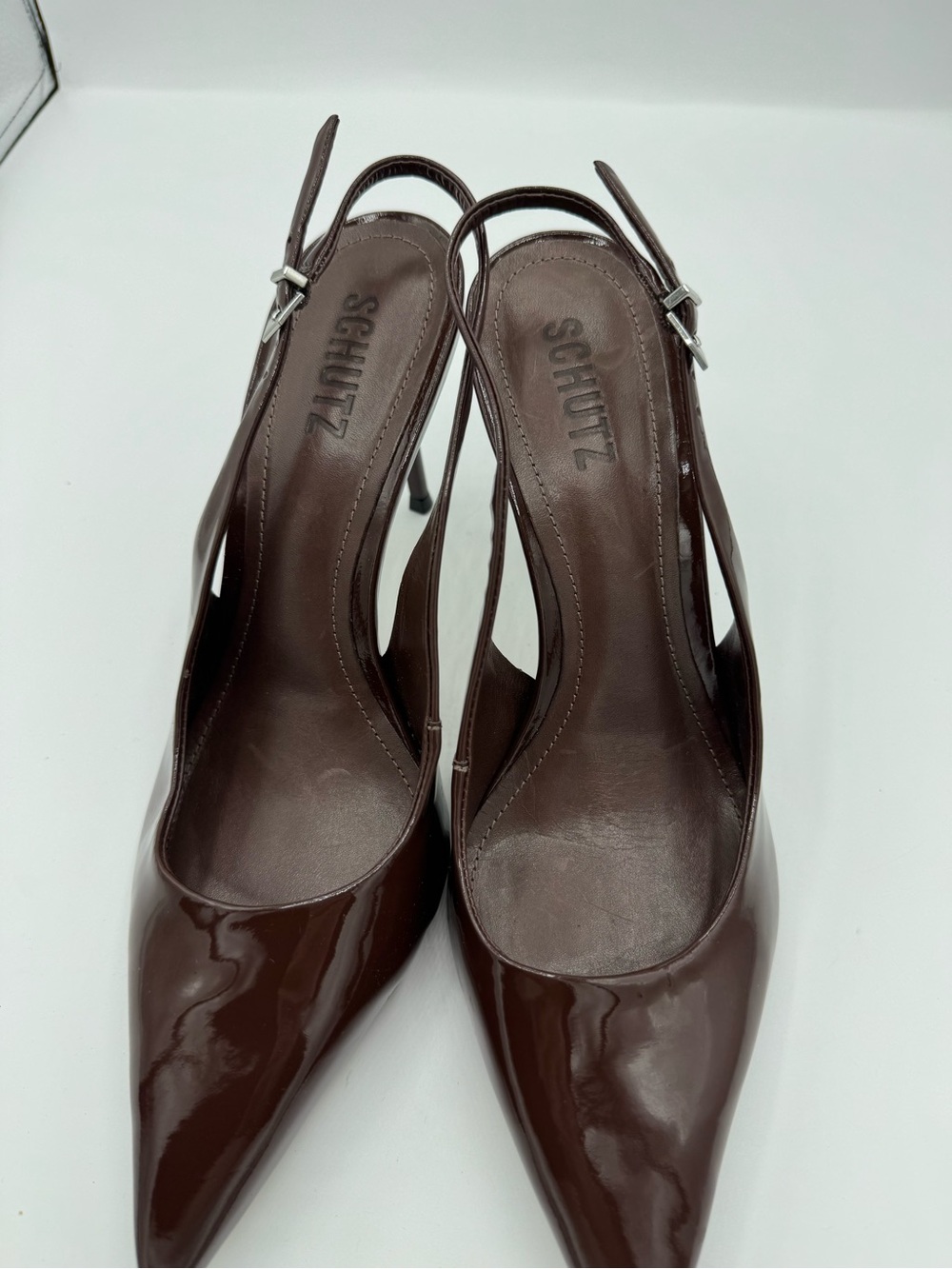 Schutz Paola 90MM Patent Leather Slingback Pumps Womens Size 8 Us Root Brown - Picture 3 of 8